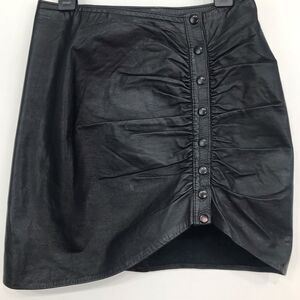 Frankie Amaury Black Leather Ruched Snap Front Curve Hem Vintage Mini Skirt
